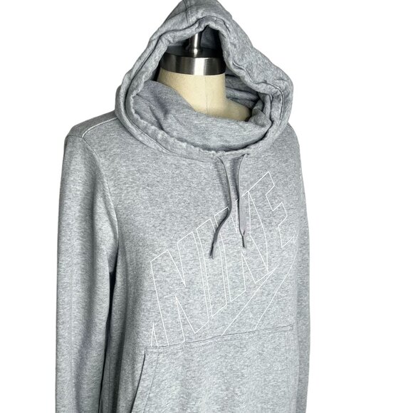Nike Tops - Nike Sweatshirt Womens Size S Grey White Funnel Neck Swoosh Print Hoodie